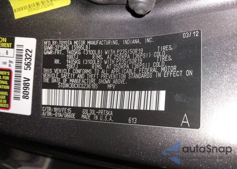 2012 Toyota Sienna Se 8 Passenger из США, поврежденный, VIN 5TDXK3DCXCS236185